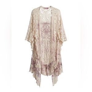 Origami by S&D Boho Lace Duster Cardigan Tie Dye Purple Cream Floral Crochet